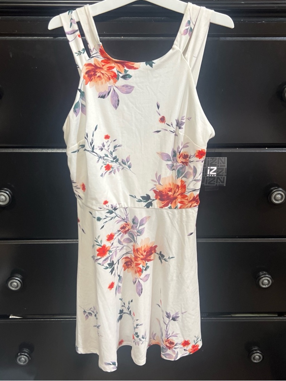 Iz Byer Cream Dress with Orange and Purple Floral Print